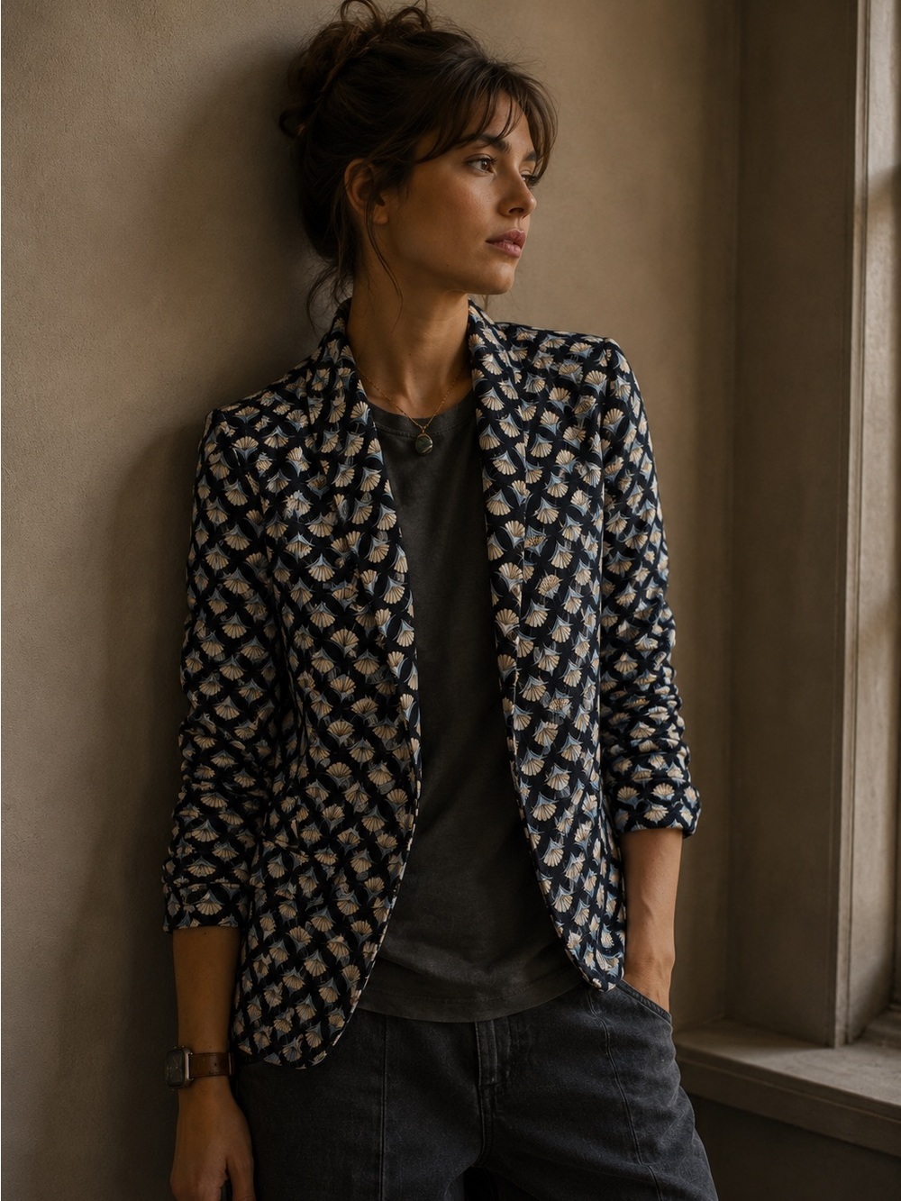 Silky Navy Blue Blazer Japanese Fan Feather Pattern Retro Vibe Blazer Sz Small